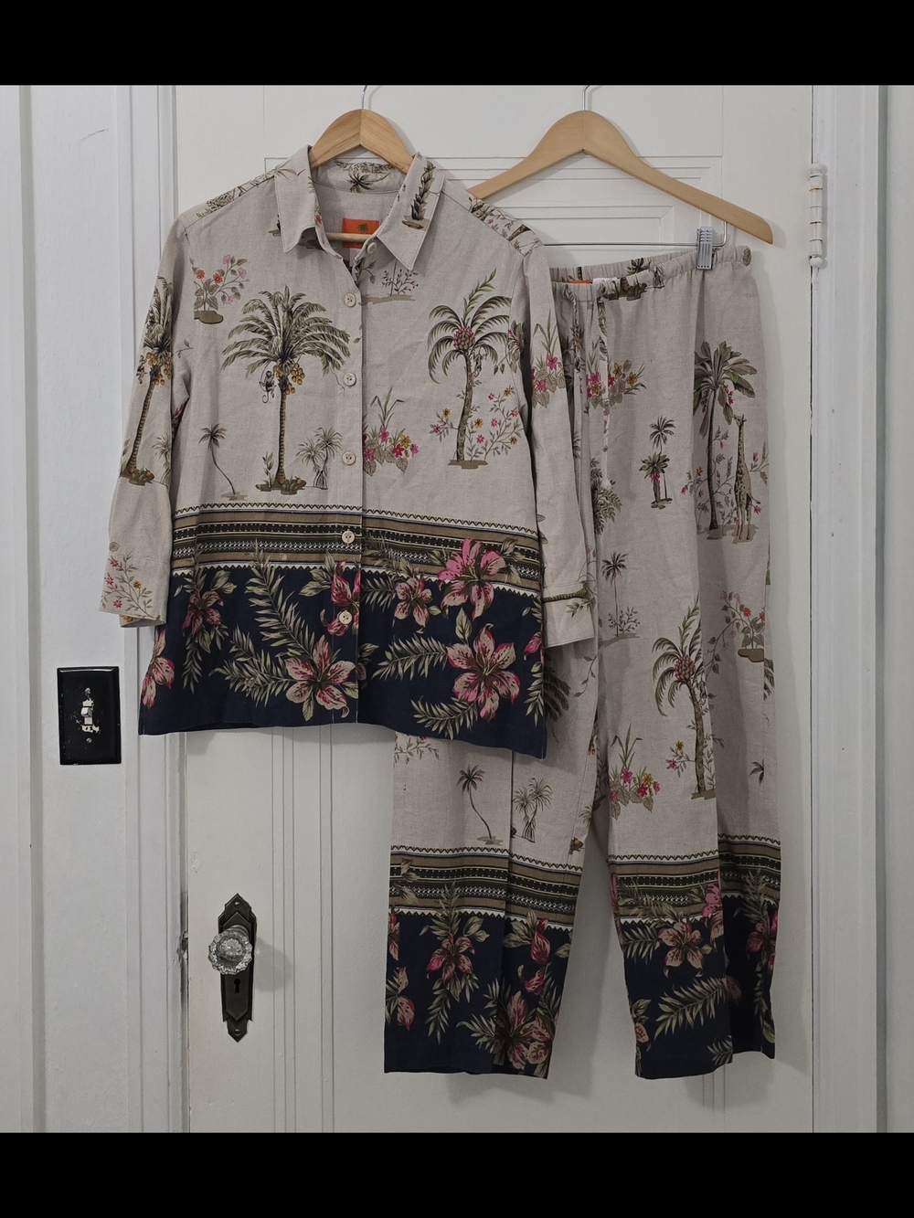 hearts of palm Beige Tropical Print Wide Leg Pajama Set with Navy Floral Borders